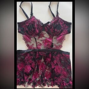 Victoria’s Secret M Lingerie Bra Set Dress Black Lace Red Sexy Dress Nightie